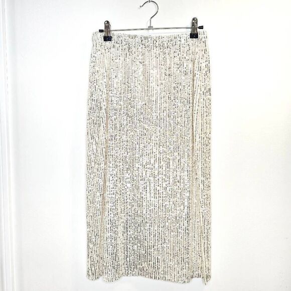 Vince Camuto Maxi Skirt Women's XS Ivory Elegant Bling Sequins Preppy Stretch - Picture 1 of 6